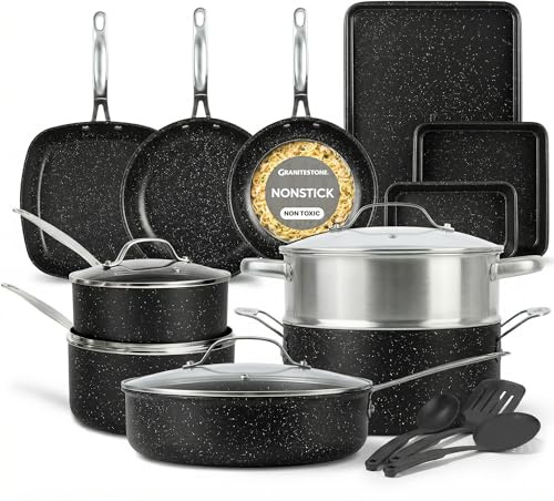 GRANITESTONE 20 Pc Complete Pots and Pans Set Non Stick Cookware Set with Saute Pan, Bakeware, Steamer, Cooking Utensils, Made Without PFOA PFOS, Oven and Dishwasher Safe