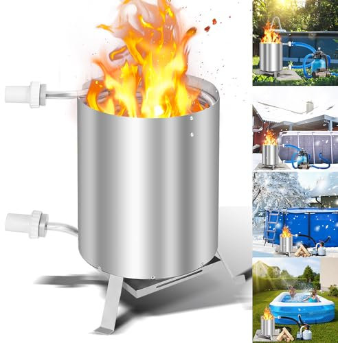 Tubiaz Poolheizung, Pool Heizung mit Feuer,Edelstahl Poolheizung Feuertonne für Schwimmbäder,Poolofen mit 36-38mm Anschlüsse,Pool Heizungen Feuerfeste Matte und Tablett,Poolheizung Outdoor