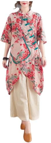 Hanfu Summer Hanfu - Blusa Holgada Casual de algodón con Manga 3/4, Cuello en V, Ropa Tradicional China con Botones de Rana China, A2 - XL