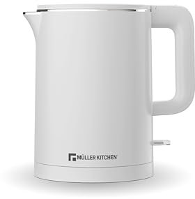 Muller Kitchen MK-6061 Hervidor de agua eléctrico (1L,1000W, doble pared, base giratoria de 360 ​​grados, apagado automático con protección contra ebullición en seco) (BLANCO)