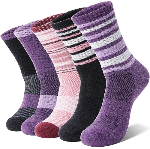 MOSEY KOSY Chaussettes en Laine Mérinos pour Femmes Chaussettes de Randonnée Thermiques et Respirantes pour Sport Trekking et Hiver 5 Paires