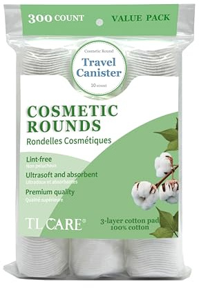 TL Care Cotton Rounds (300 Count) with Travel Canister - Lint-Free, Ultra Soft & Absorbent 3-Layer Cotton Pads for Face and Makeup Removal