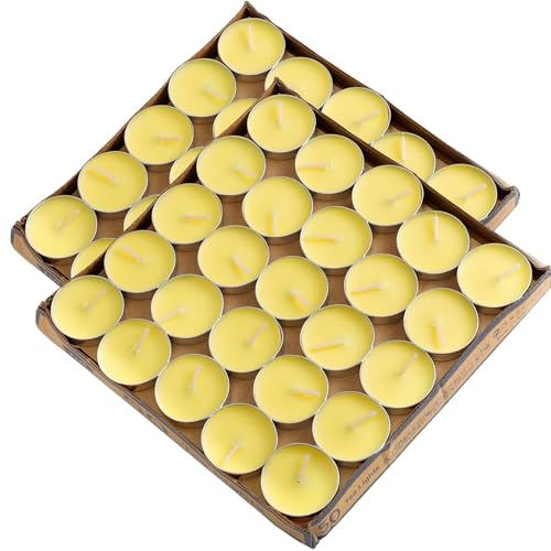 Dyrfolm 100 Pack Tea Lights - Smokeless, Unscented, Dripless & Long Lasting Mini Tealight Candles for Home, Weddings, Party Decoration (Yellow)