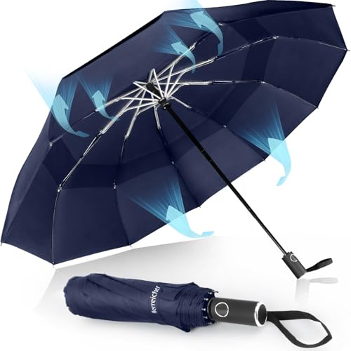 Herreicher Paraguas Plegable Antiviento Hombres Compacto - Resistente al Viento Soporte Ligero Nuevo Paraguas Automático Portátil Compacto de Viaje Paraguas de Golf para Hombre y Mujer (Azul)