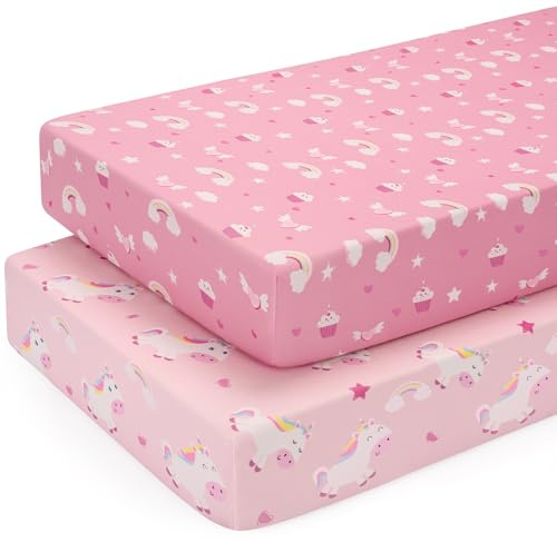 Yukkidds Cot Sheets 120x60 cm Fitted 2 Pack Baby Cotbed Mattress Sheets | Soft Breathable Microfiber, Fits 120 x 60 Cot Mattress Cover, 360° Snug Fit Elastic Edges, Machine Washable, Pink Unicorn