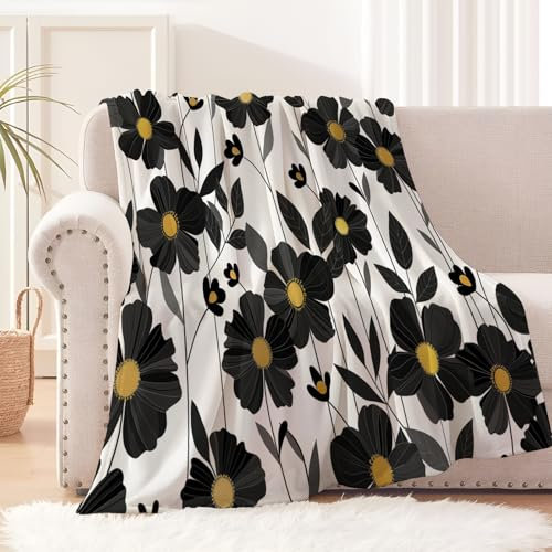 GSAEIMCT Bedruckt Decke für Erwachsene Kinder Flanell Fleecedecke, Gestreifte Schwarze Blume, Kuscheldecke Plüschdecke Flauschig Decken Sofa Couch Weich Wohndecke, 130x150cm