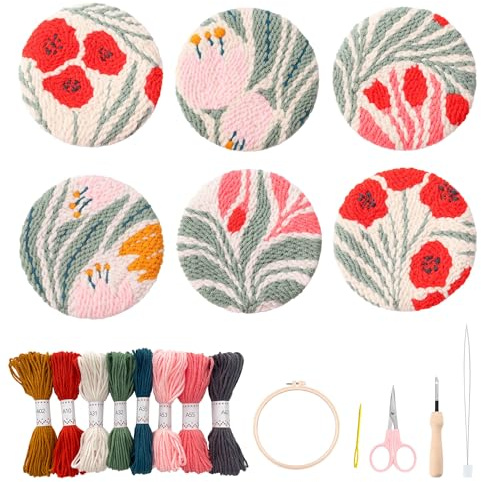 Myfelicity Punch Needle Kit,Punch Needle Coasters kit, Flower Patterns 6pcs Set, for Adults Beginners
