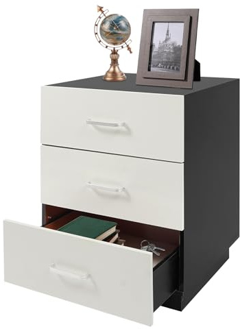 Lilyeriy Moderna mesita de noche con 3 cajones, color negro, blanco cálido, 40 × 40 × 58 cm, gran espacio de almacenamiento, fácil de montar
