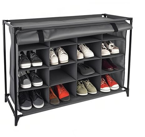 Relaxdays Camping Schuhregal, 16 Fächer, Stoffschuhschrank mit Vorhang, HxBxT: 65 x 85 x 35,5 cm, Campingschrank, grau
