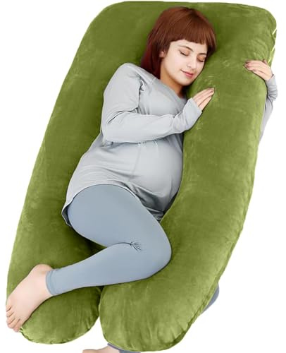 TaiBest U-formad graviditetskudde för helkropp med avtagbart skydd för moderskapskvinnor, graviditetskuddar för att sova, stöd för rygg, ben, mage, 140 cm graviditetskudde för kvinnor (bomull, grön)