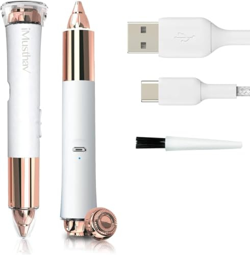 Eyebrow Trimmer & Facial Hair Remover for Women 2-in-1, Rechargeable USB-C | iMusthav Lady Epilator 360° LED Light For Precision. 18K Gold-Plated Tip (White)