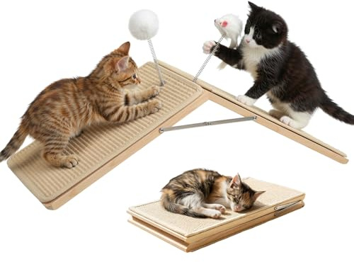Tivray Cat Scratcher, Cat Sisal Scratching Ramp, Foldable Wooden Scratching Board with 2 Spring Plush Toys, Triangle Kitten Ramp Protect Furniture, Solid Non-Slip Scratch Pad for Indoor Multiple Pets