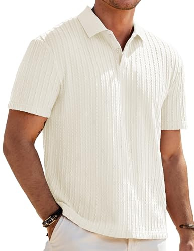 JMIERR Mens Golf Polo Shirts Casual Summer Short Sleeve Vacation Button Beach Knit Stretchy Casual Shirts,Beige,M