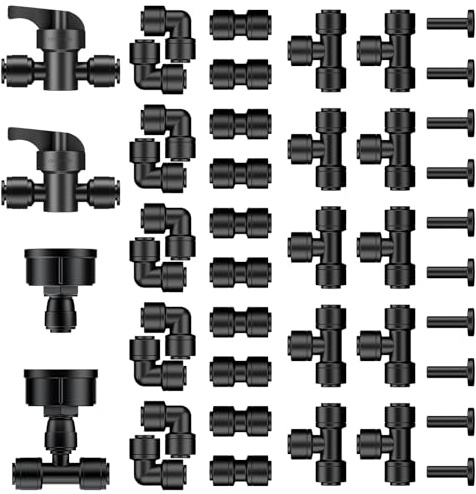 Pawfly Set di connettori da 44 pezzi per tubo da 6,35 mm, set di tubi a T, giunti, angoli, tappi terminali, valvole di intercettazione e adattatori per rubinetto