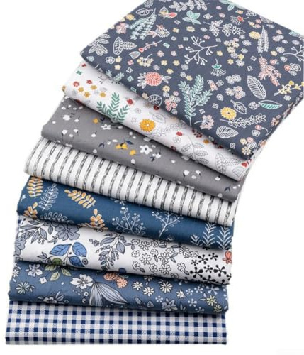 PureBowlic 8 st ren bomullstyg bunt grå marinblå blommiga förskurna fyrkanter för lappverk sömnad quiltning docka kläder klippbok hantverk gör-det-själv-projekt 25 x 20 cm till 50 x 50 cm (50 x 50 cm)