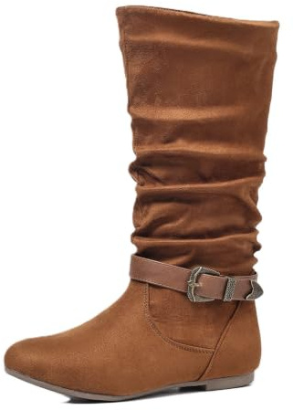 Slouchy rynkade knähöga stövlar för kvinnor platta western cowboy ridstövlar, Mocka kaffe, 37.5 EU | med spänne nit rem dekor vardagliga höga vinterstövlar för semester fest shopping gatustil födelsedag