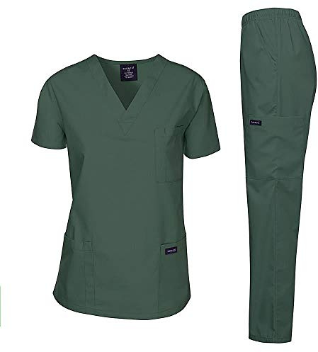 Dagacci Scrubs Medical Uniform Women and Man Scrubs Set Medical Scrubs Top and Pants, Hospital Green, XS
