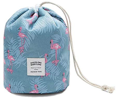 Makeup Bags for Women, Waterproof Round Travel Drawstring Make Up Organizer Cosmetic Bag (A Flamingo Blue)