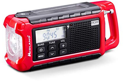 Midland ER200 - Multifunktionales tragbares Aufziehradio, Notfall-Powerbank 2600 mAh und LED Taschenlampe, Solar, Handkurbel und USB AM/FM Radio - 1 Notfallradio, wiederaufladbare Akkus und USB-Kabel