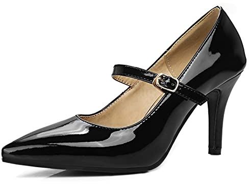 Bviennic Femmes Pointu Bride Cheville Mary Jane Aiguille Escarpins Soirée Robe Talons Hauts Mariage Cuir Verni Bureau Escarpins Noir Taille 39 Eu-40Cn