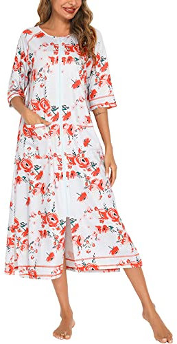 Rubehoow Zipper House Dress for Women Half Sleeve O Neck Long Duster Coat with Pockets (Rose,L)