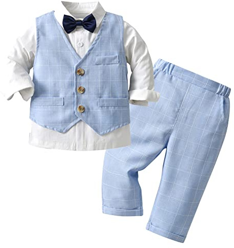 AIEOE 3 Pezzi Completo Neonato Camicia + Papillon + Gilet + Pantaloni Maniche Lunghe con Bottone Adatto da 6-9 Mesi Blu