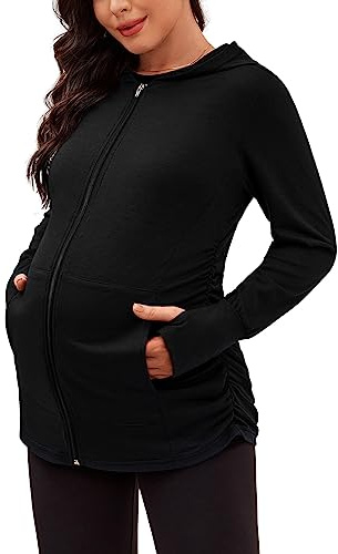 DEBELLY Maternity Zipper Hoodie Long Sleeve Pregnancy Sweatshirts Mama Active Shirt Side Pleated Women Jackets Soft Comfortable Hooded Jersey with Pockets,Thumb Hole,Black,XL