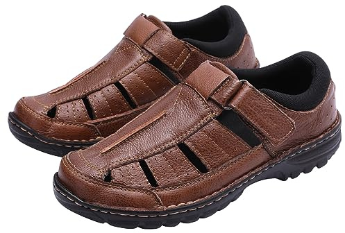 Harssidanzar Sandales à bout fermé pour hommes en cuir véritable sandales de plage de pêcheur confortables et réglables pour la conduite à pied en plein air KM227EU,Cognac,taille 44