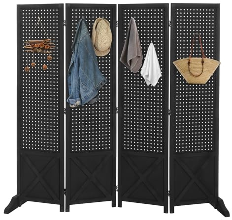 VINGLI Freestanding Pegboard with Support Feet, 5 FT Wood Room Divider Display Board Organizer, Folding Privacy Screen Partition Space Separator for Craft Shows Events Retail (Black, 4 Panel)
