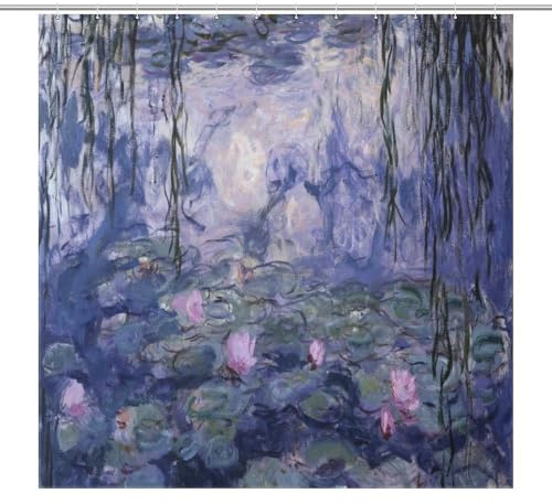 wlsgdsg Monet Water Lily Shower Curtains, Art Vintage Abstract Oil Painting Lotus Pond Print Decor Bath Drapes Set with Hooks, Waterproof Fabric Windows Treatment for Bathroom, 72x72in