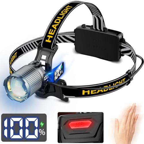 WholeFire Lampada Frontale LED Ricaricabile 30000 Lumen, Lampada Frontale Super Luminosa con 3 Modalità di Illuminazione & Sensore di Movimento, Regolabile a 90° & Display per Lampada da Testa per