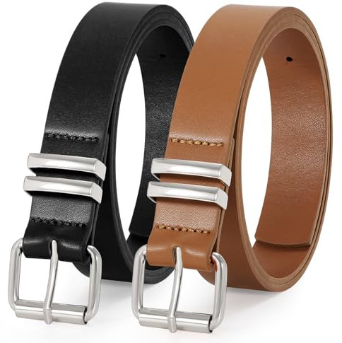 WERFORU 2 Stück Damen Gürtel für Jeans, Damen Leder Taillengürtel für Hosen und Kleider mit Silber Schnalle