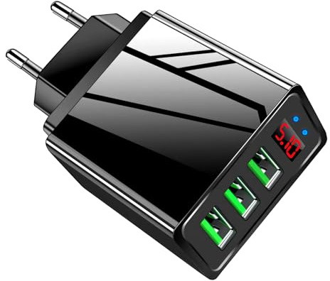 USB Ladegerät Mehrfach mit LED Display, 5V/2.4A Adapter mit 3 Port USB A Netzteil, Universelles Stecker, 15W Schnellladegerät Netzstecker für iPhone, iPad, Samsung Galaxy, Xiaomi, Huawei