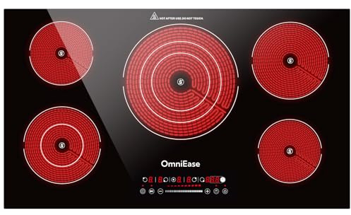 OmniEase Electric Cooktop 36 Inch, 9600W 5 Burner Built-in Electric Stove Top 36 Radiant Cook Top with Kid Safety Lock, Timer, 9 Heating Level, 220-240V for Hard Wire