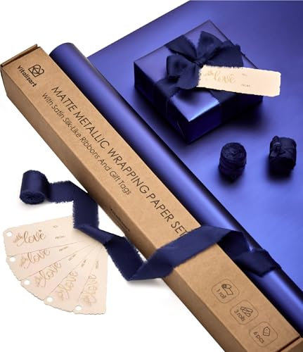 Vitalizart Marineblaues Metallic-Geschenkpapier 43 cm x 5 m mit 3 Rollen Blaue Geschenkband und 6 Geschenkanhängern, Geschenkpapierset für Geburtstage, Hochzeiten, Baby-Showern und Weihnachten