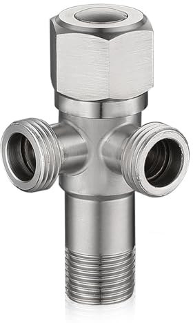1 válvula angular de 1/2 pulgadas, válvula de esquina universal con 2 salidas de conexión de agua, válvula de ángulo, válvula de agua, doble válvula de acero inoxidable para rosca de pared 1/2