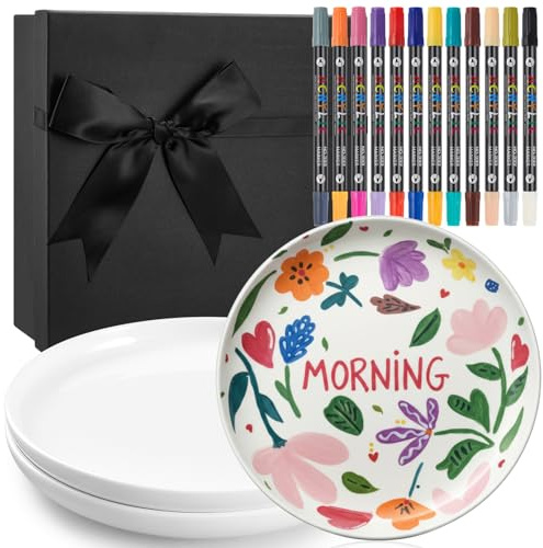 Sinmoe Set di Pittura su Ceramica DIY 3 Piatti in Ceramica Vassoio da Portata Bianco 12 Penne in Porcellana per Lavastoviglie Scatola Regalo Natale Coppia Amici Famiglia(Tondo Bordo Stretto,8 Pollici)