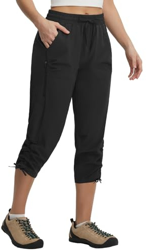 baleaf Hiking Capri Pants for Women with Zipper Pocket Lightweight Quick Dry Water Resistant Travel Outdoor Casual Pants Elastic Waist Black L