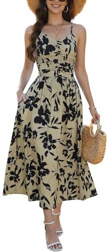 Yutdeng Abito da Donna Estivo Maxi Abito con Spalline Sottili Regolabile Floreale Lungo Abito da Spiaggia Prendisole con Tasche Elegante Bohémien Abito Casual Pieghe,Nero,M