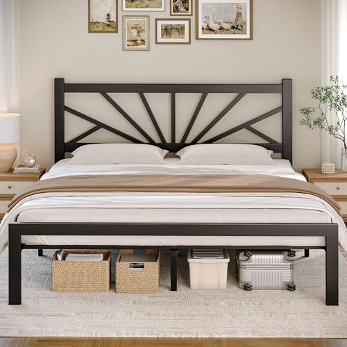 Klyvvo Cadre de Lit 140x190 cm avec sommier, 32 cm Espace de Rangement | Charge 400 kg, Lit en Métal avec 96 cm Tête de Lit Lattes. Métallique Robuste, Silencieux, Montage Facile, Noir