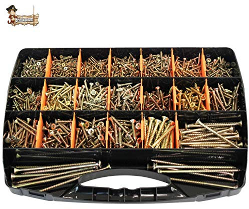 BricoLoco Maletín surtido + de 1.000 tornillos para madera aglomerado, tacos… Bicromatado con huella PZ pozidrive. DIN 7505-A.