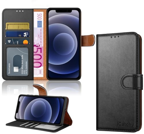 iCatchy iPhone 12 Case / 12 Pro Case 6.1 inch RFID Blocking Wallet Case with Card Holder, Magnetic Closure Kickstand, PU Leather Flip Cover for iPhone 12/12 Pro (Black)