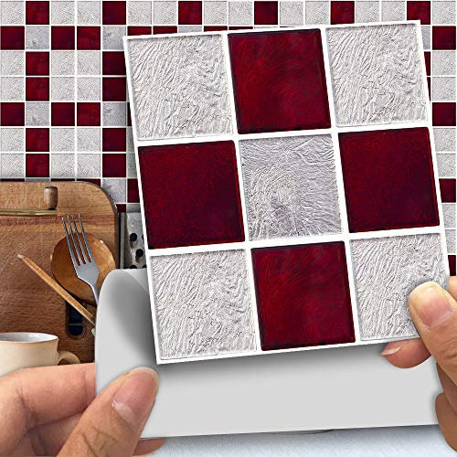 Hiser 25pcs Kitchen Bathroom Wall Tile Stickers, DIY Square Decals Creative Metal Simple Style Sticker for Kitchen Living Room Bathroom Home Decor Self-Adhesive (Red gray mosaic,10 * 10cm)