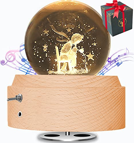 BIAOQINBO Carillon con Sfera di Cristallo, Rotazione a 360°, Vetro 3D K9, Base in Legno, Bagliore di Notte, con Proiezione, Miglior Regalo per San Valentino Natale Festa della Mamma