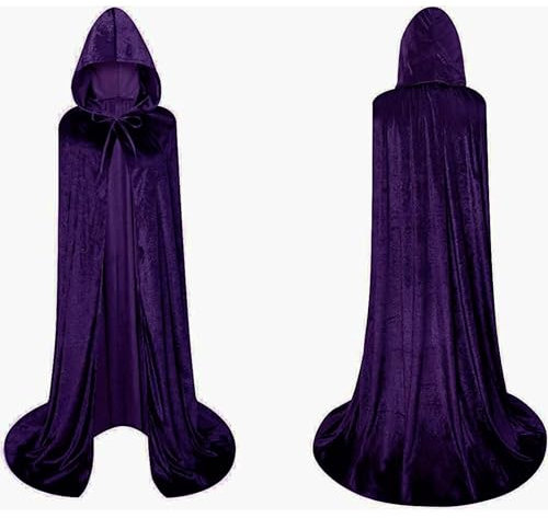 Cape à capuche en velours longue médiévale pour homme et femme Violet 90 cm