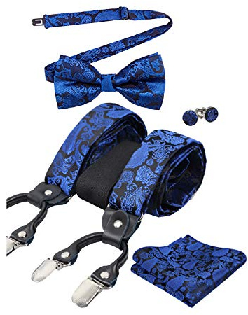 Alizeal Juego de 6 clips para hombre, pajarita y tirantes, pañuelo, gemelos, color negro, azul rey, Taille unique