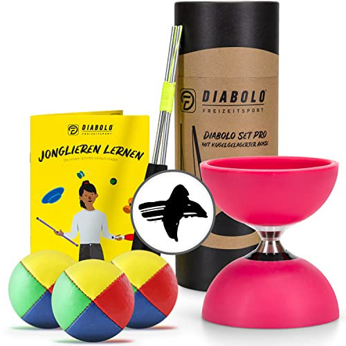 Diabolo Freizeitsport Profi Diabolo-Jonglierset - hochwertiges Diabolo mit Kugellager (pink), Aluminium Sticks, langlebiger Schnur & 3 Jonglierbällen