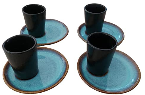PintoCer - Espressotassen-Set aus schwarzer Steinzeug-Keramik ohne Griff mit blauer Untertasse, 4 Stück (4 Stück)