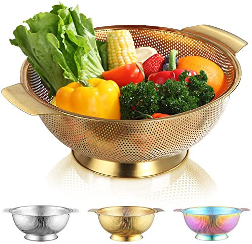 Kyraton Gold Colander 28.5cm, Professional Titanium Gold Plating Stainless Steel Strainer with Heavy Duty Handles and Self Draining Solid Ring Base, Easy Clean and Dishwasher Safe
