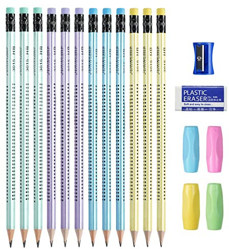 OFFCUP Dreikant Bleistifte Kinder, 12pcs Graphitstift rutschfest mit 4 Schreibhilfe & Bleistiftspitzer Radiergummi, HB Bleistifte Schreiben Zeichenwerkzeuge für Prüfungen, Schule